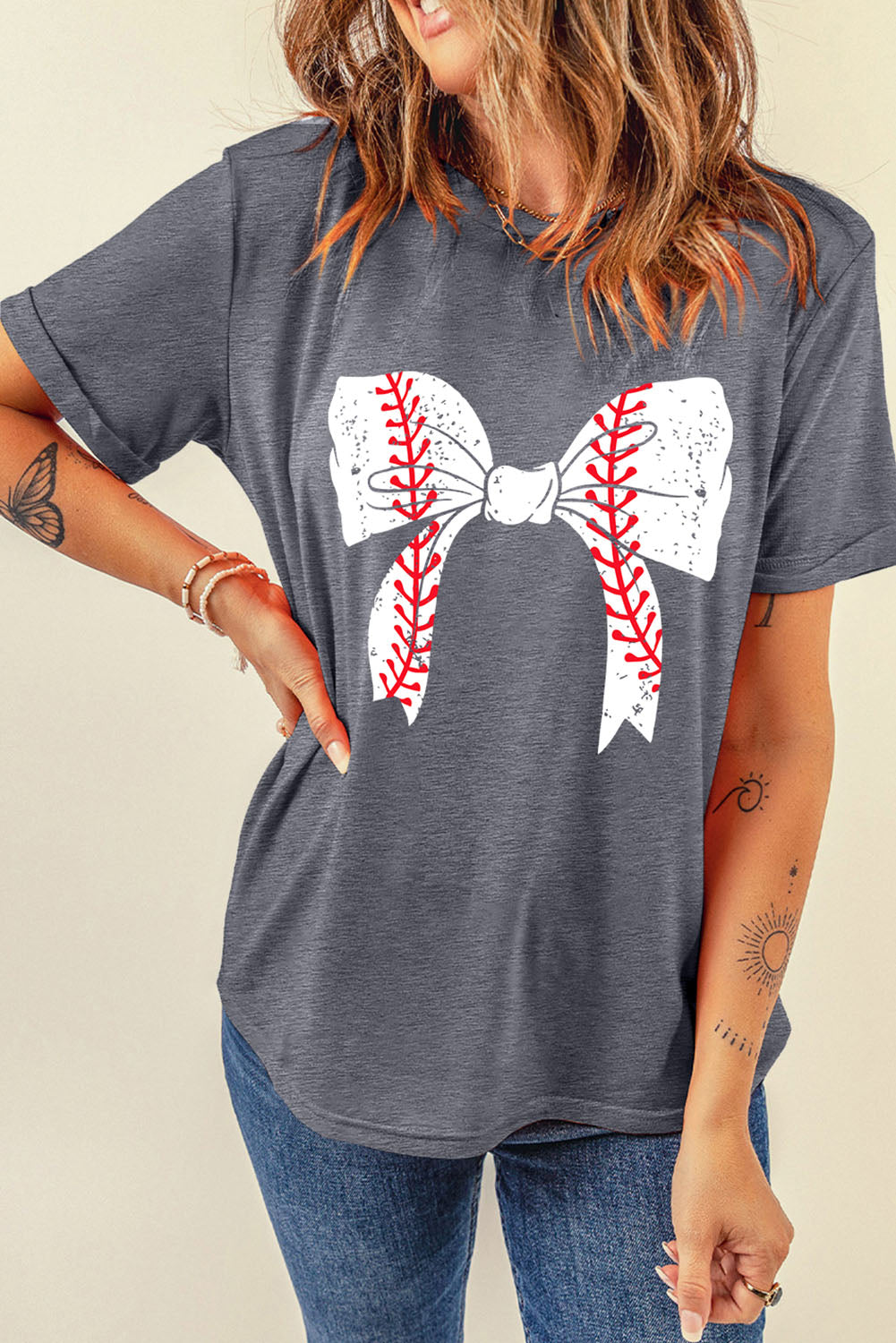 Black Baseball Bowknot Graphic Casual Tee