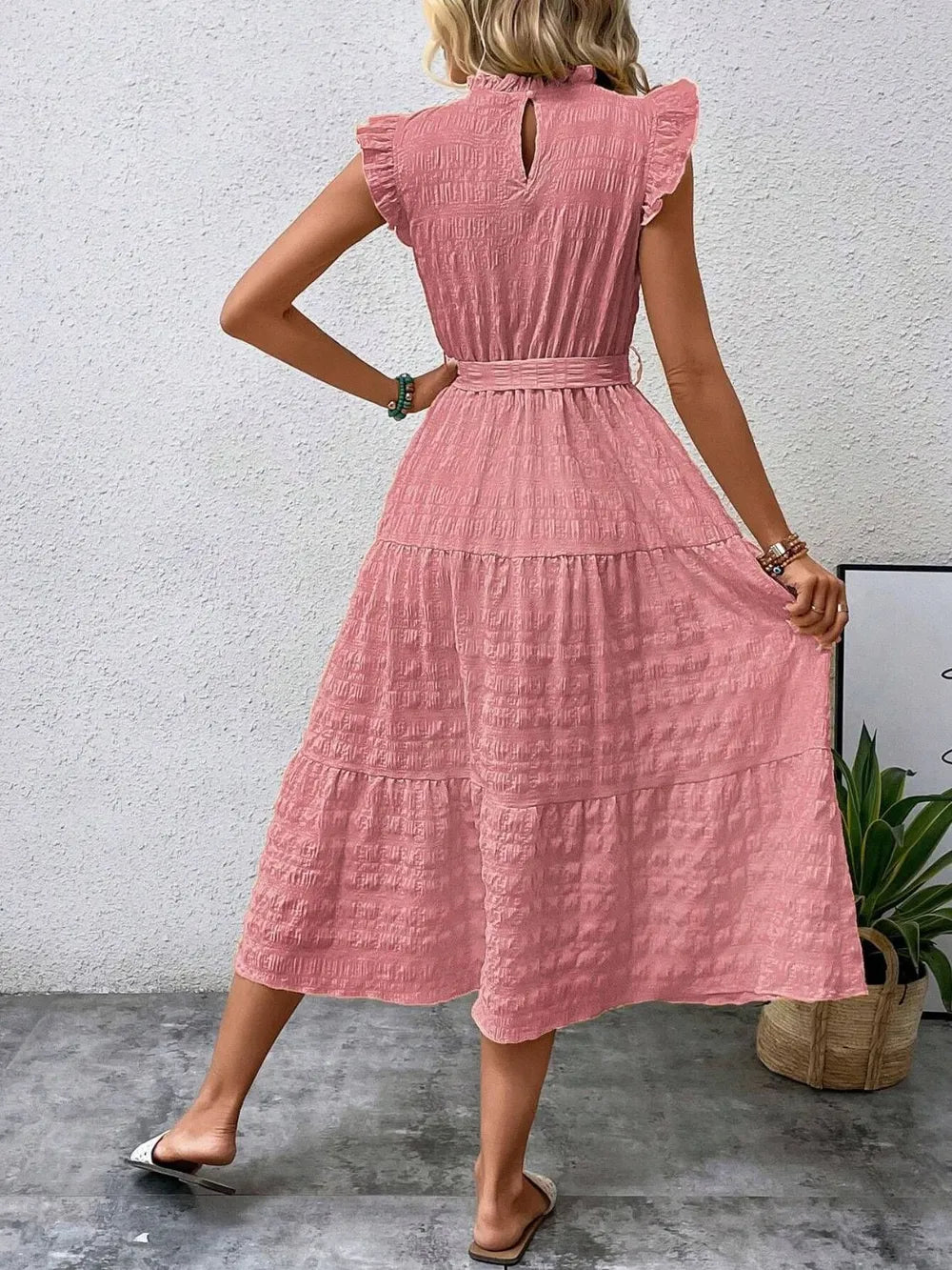 Tied Ruffled Cap Sleeve Midi Dress by Shopiebay