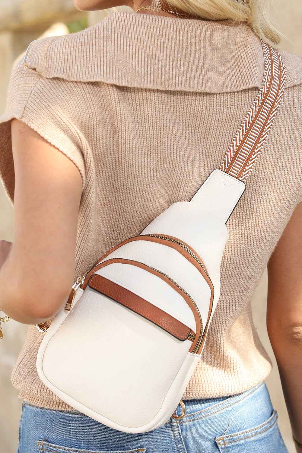 White Multi Zipped Street Casual Sling Bag
