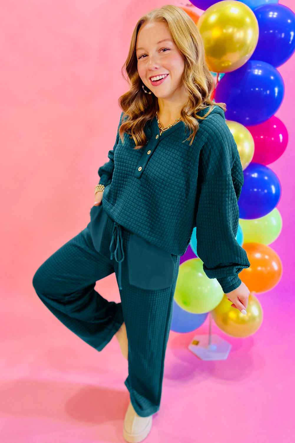 Skobeloff Checkered Texture Hooded Top and Loose Pants Set