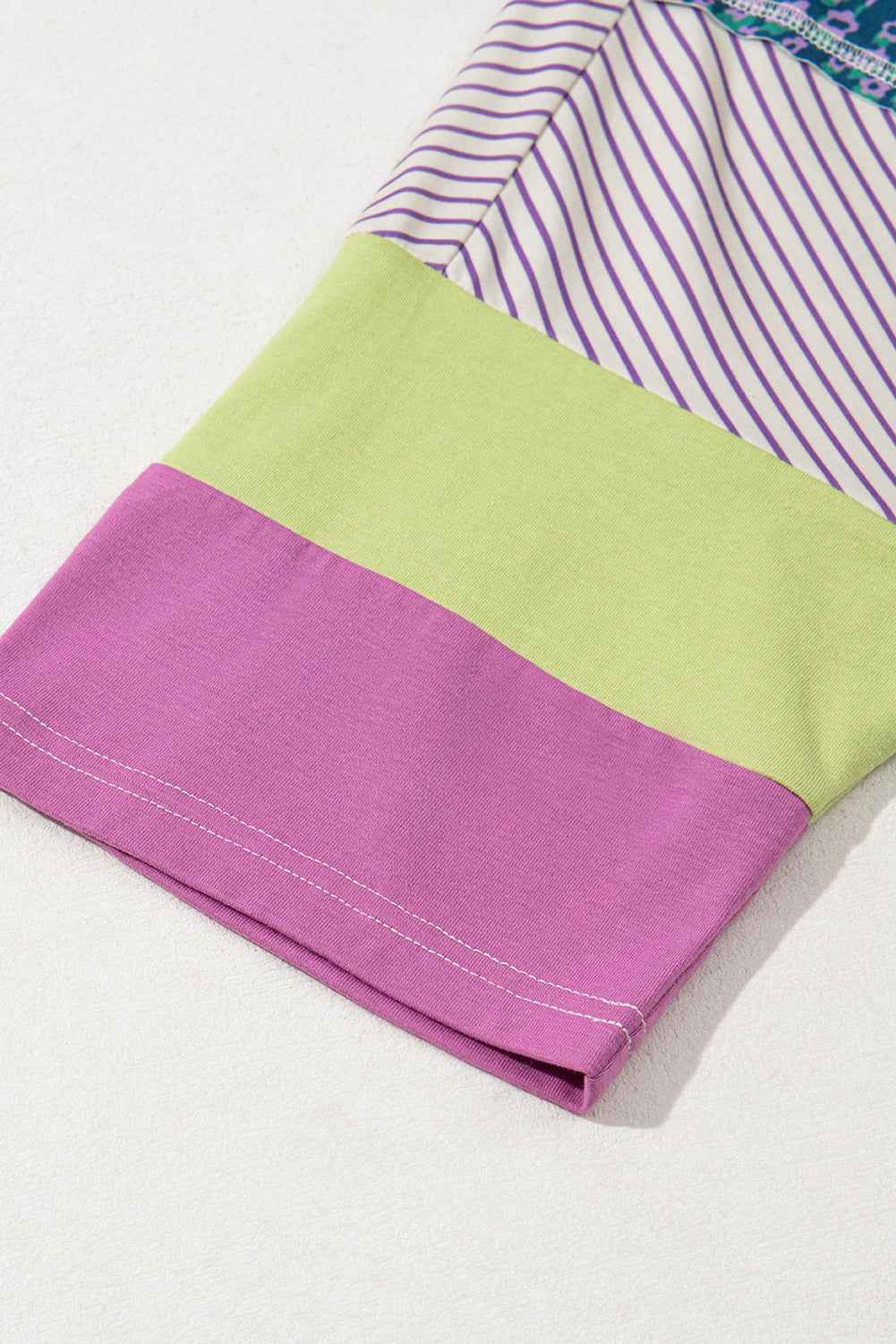 Purple Stripe Floral Color Block Raw Edge Patchwork Bracelet Sleeve Blouse
