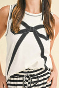 White Sweet Bow Stitching Trim Sleeveless Top