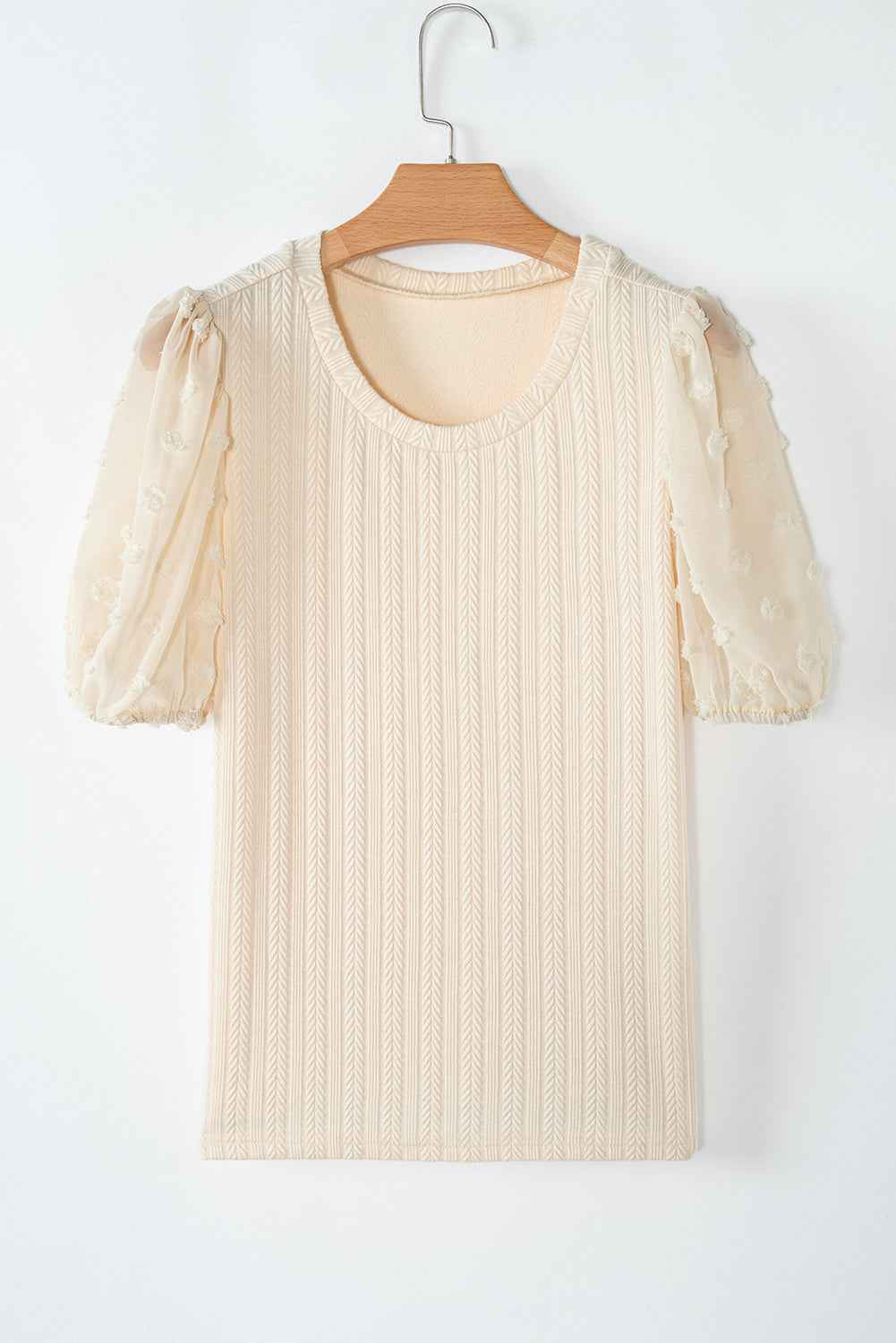 Apricot Polka Dot Mesh Puff Sleeve Textured Blouse