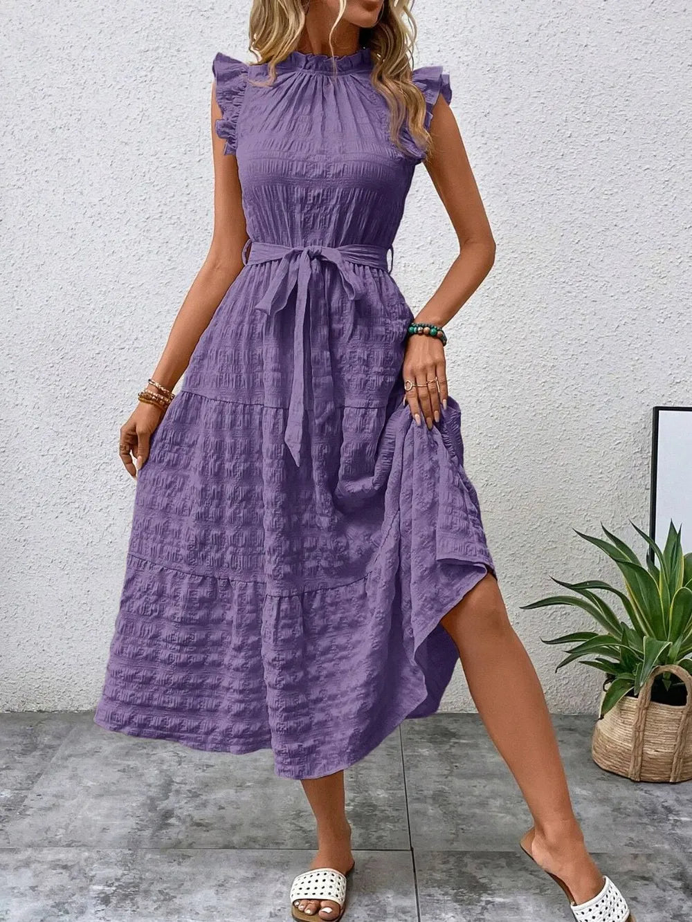 Tied Ruffled Cap Sleeve Midi Dress by Shopiebay