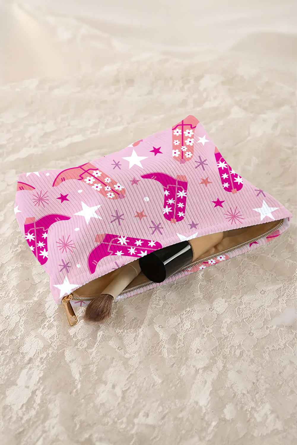 Pink Western Cowboy Boots Print Corduroy Makeup Bag