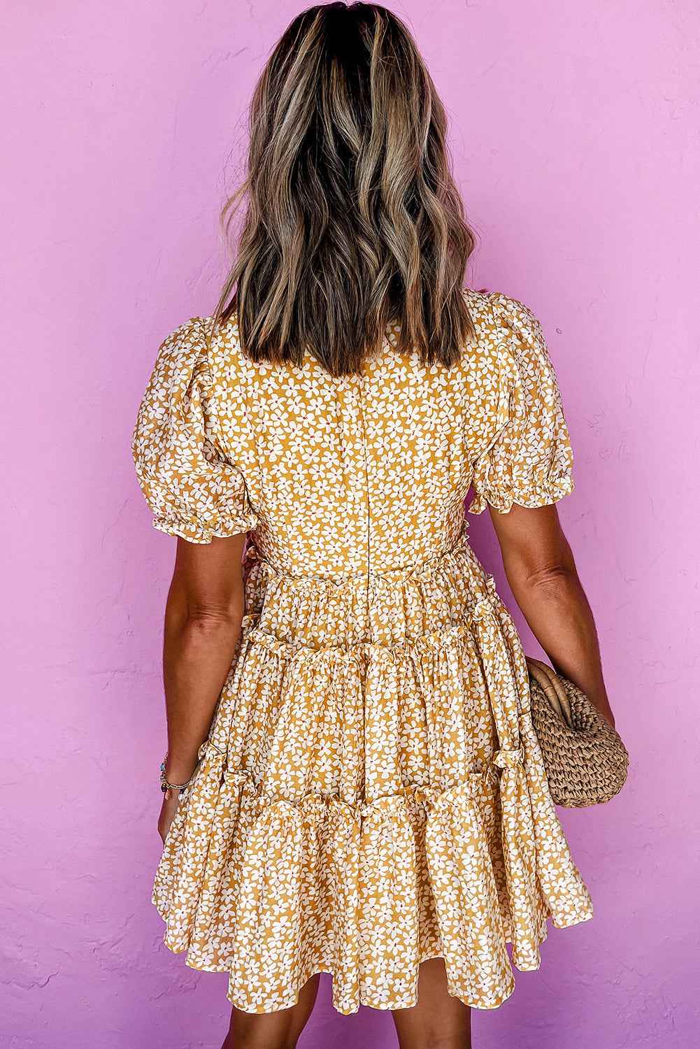 Yellow Floral Short Sleeve V Neck Frill Tiered Mini Dress