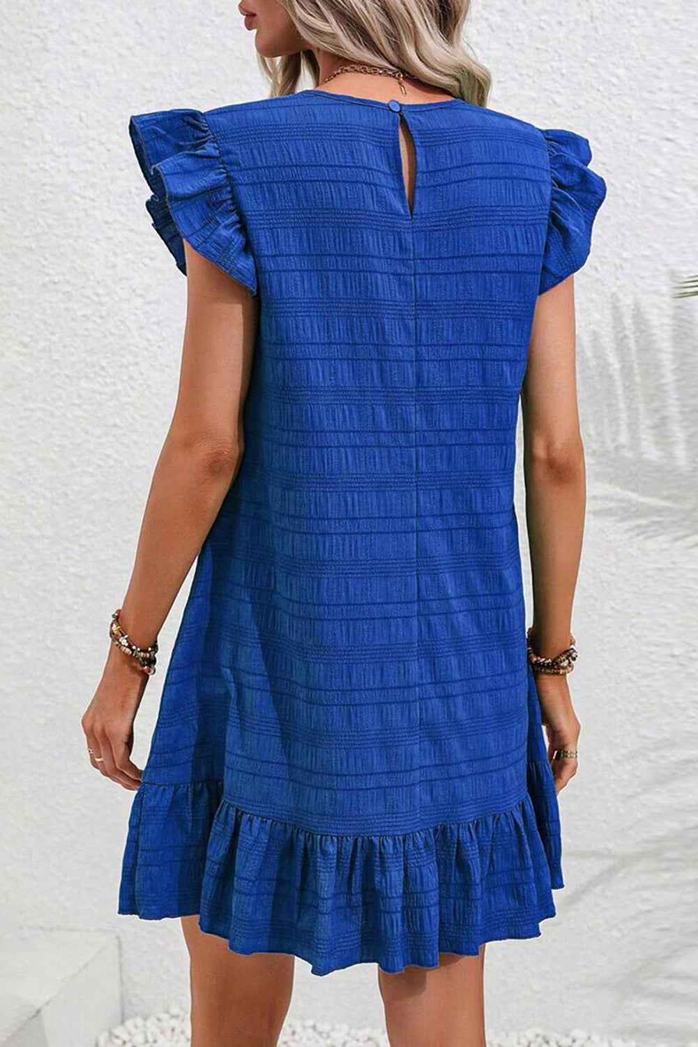 Dark Blue Textured Flutter Sleeve Ruffle Mini Dress