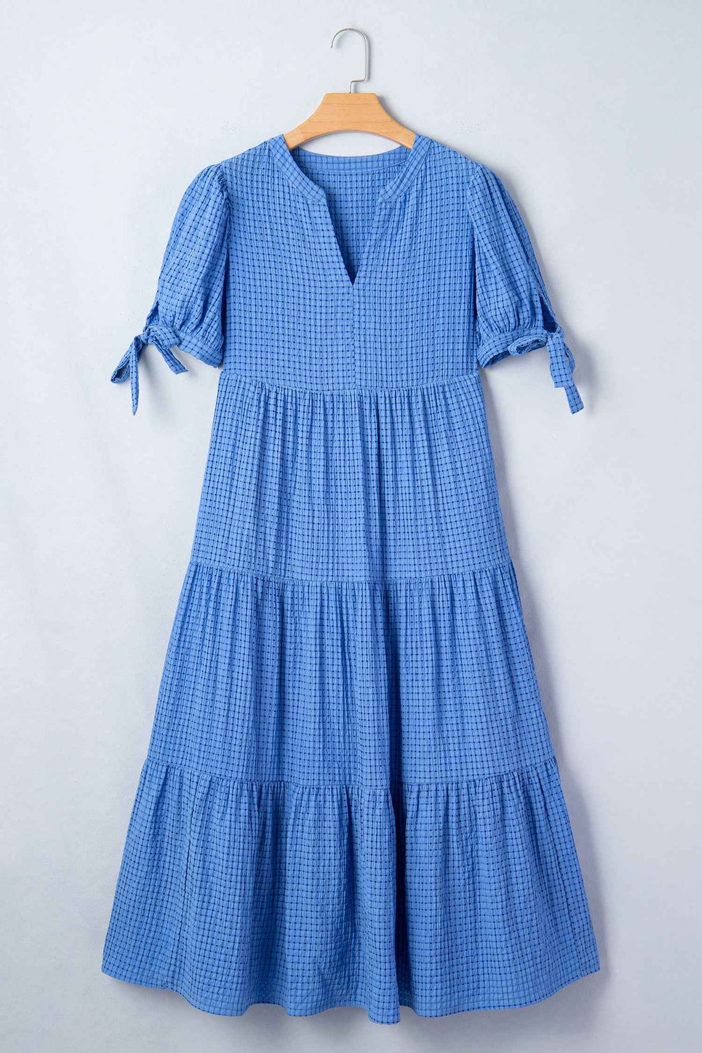 Dusk Blue Gingham Textured Bow Tie Short Sleeve Tiered Midi Dress