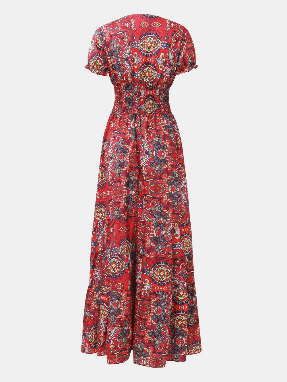 Smocked Printed V-Neck Short Sleeve Dress by Shopiebay