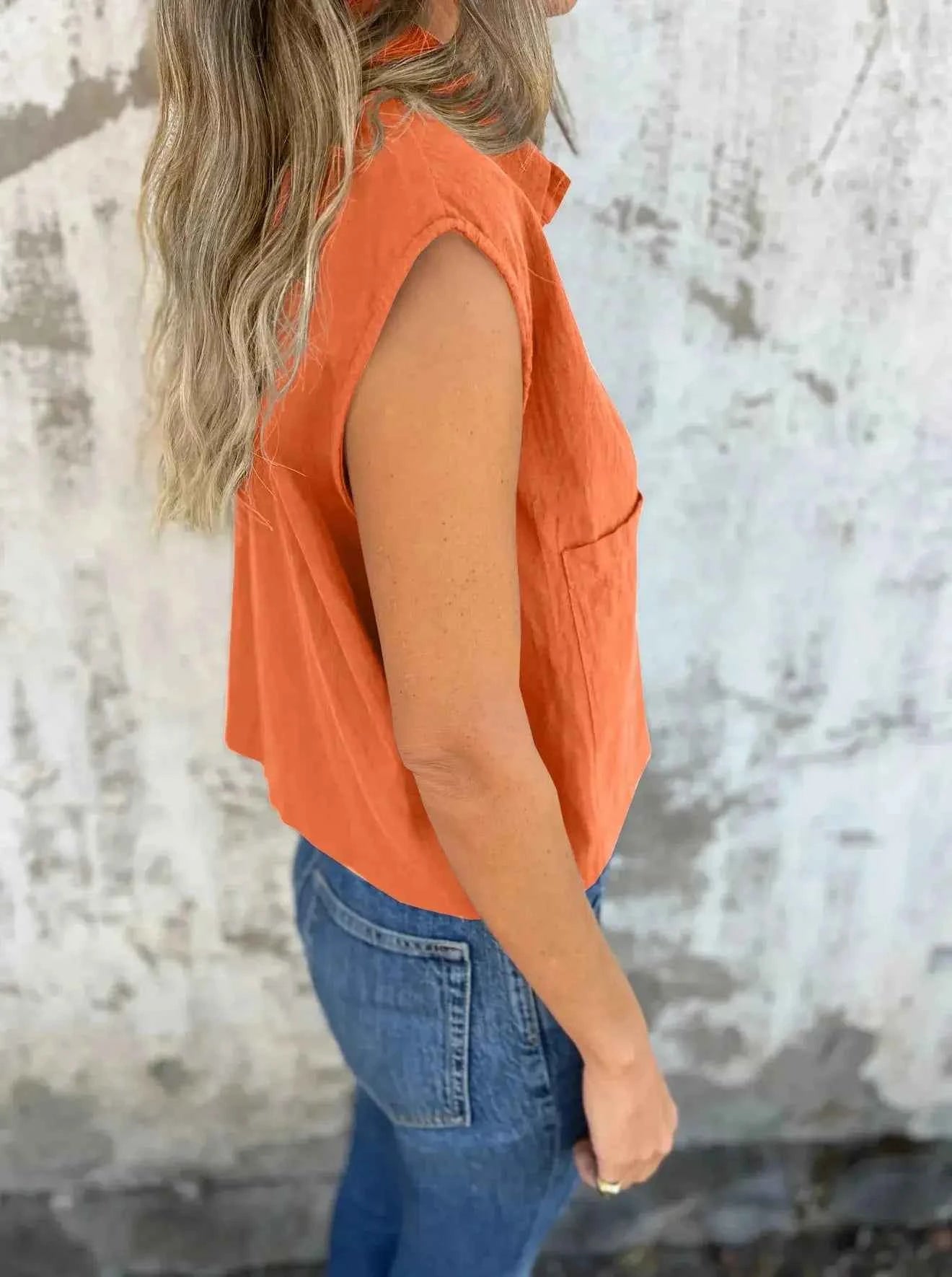 Full Size Cap Sleeve Button Down Linen Shirt