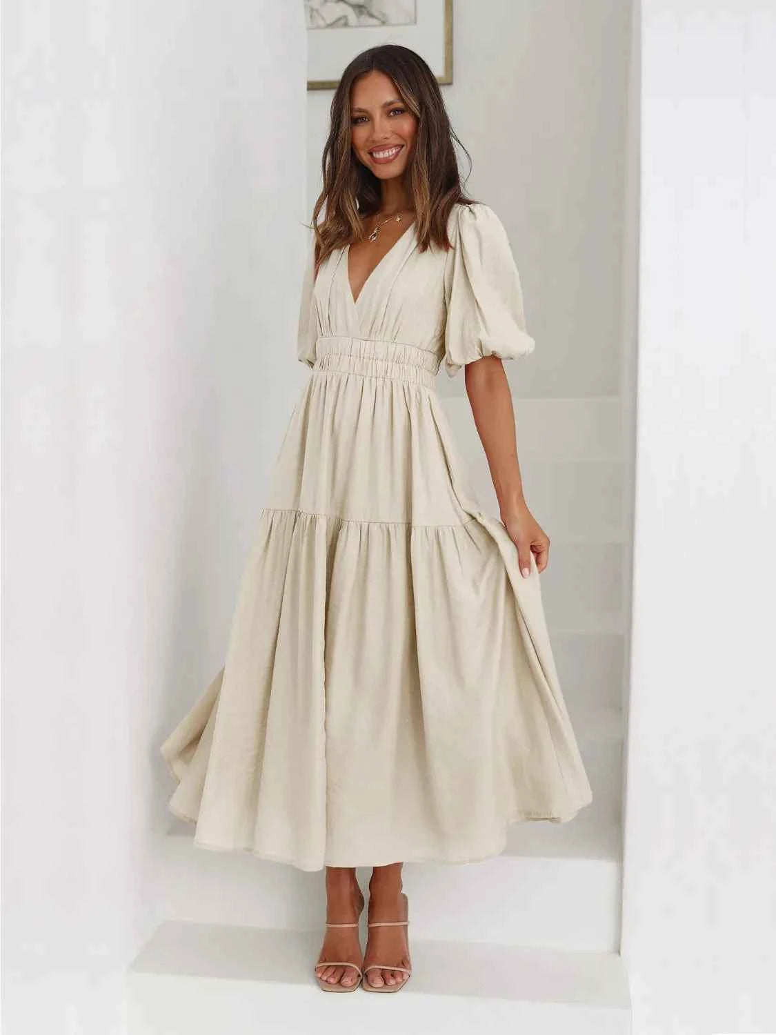 Tiered Surplice Half Sleeve Midi Dress