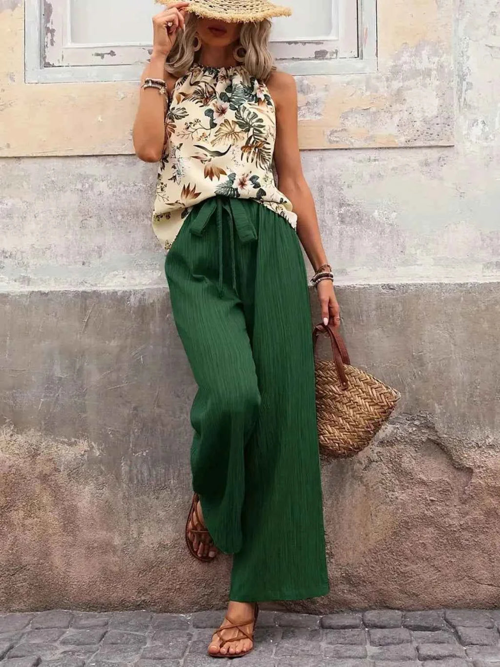 Printed Tank Top and Wide Leg Pants Set