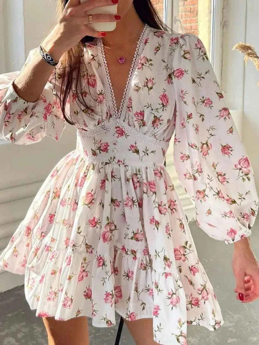 Lace Detail V Neck Balloon Sleeve Dress