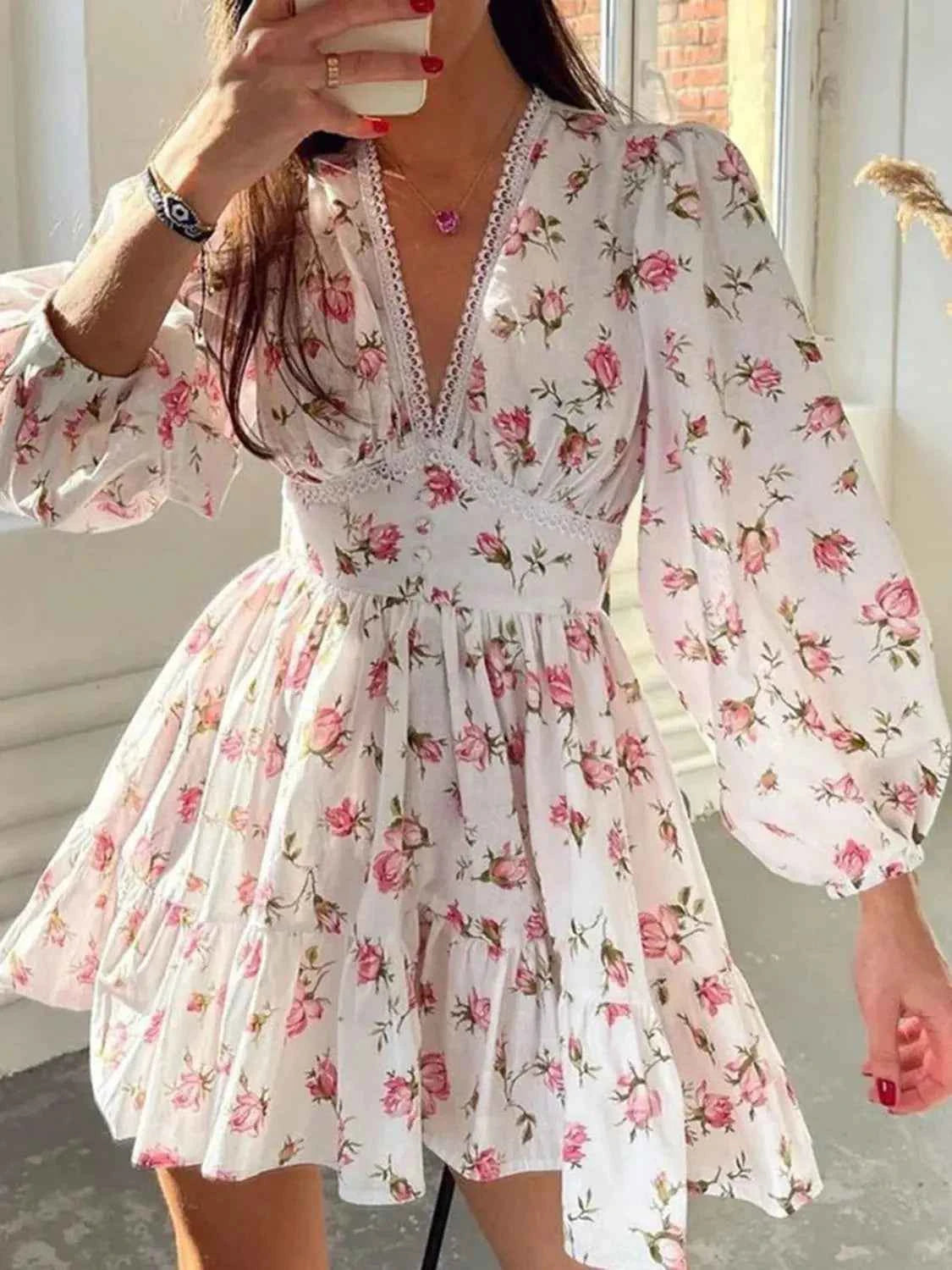 Lace Detail V Neck Balloon Sleeve Dress