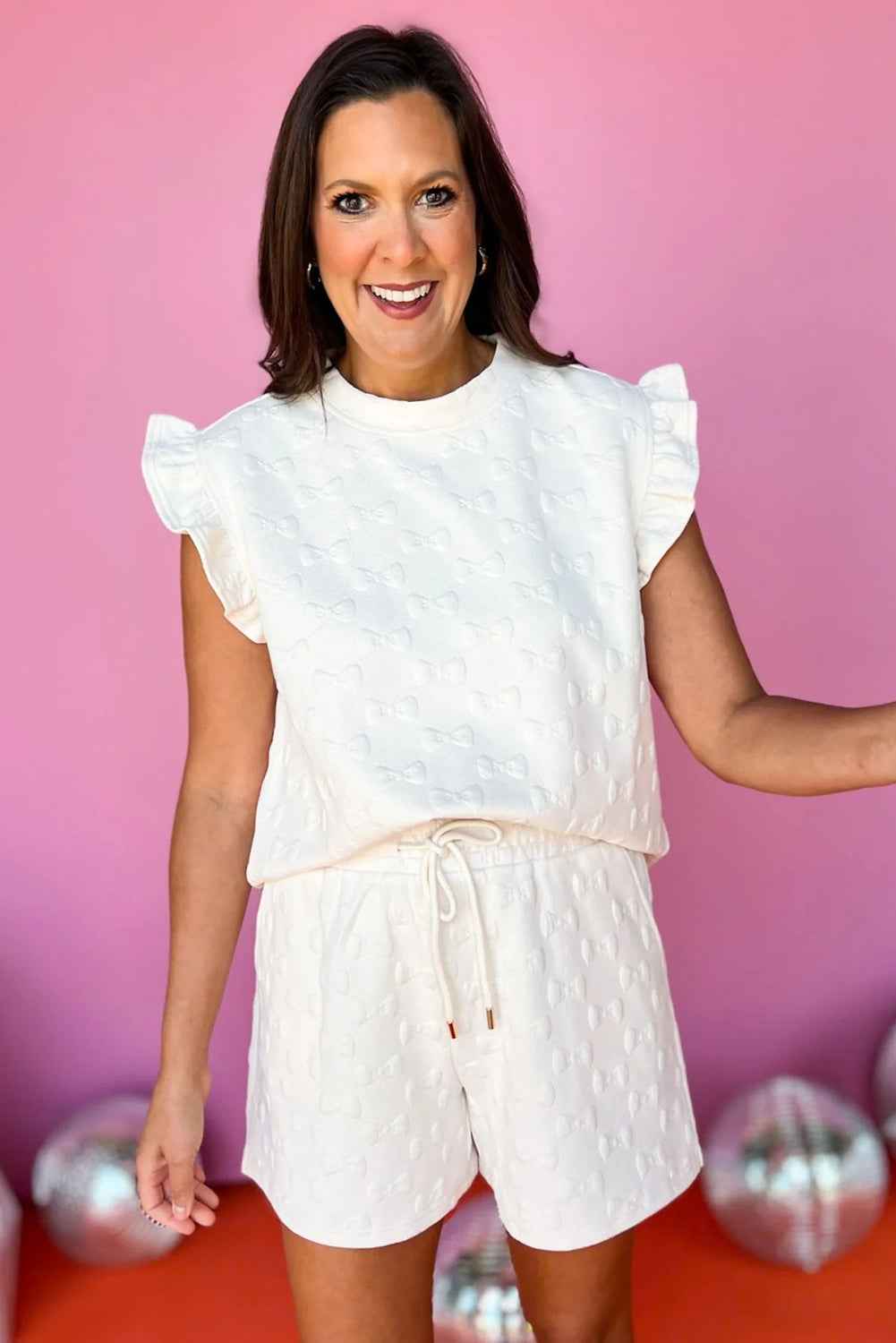 White Plain Bow Jacquard Ruffle Sleeve Shorts Set