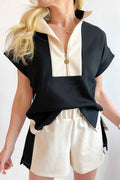 Black Contrast Zipped Stand Collared T Shirt and Short Set