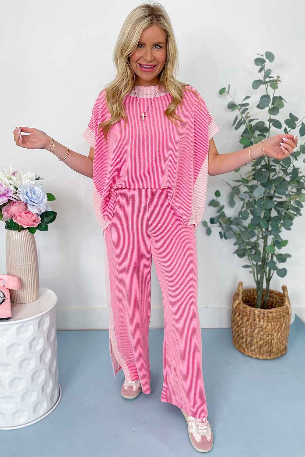 Sachet Pink 2-tone Colorblock Patchwork Corded 2pcs Outfit by Wild and Free Boutique