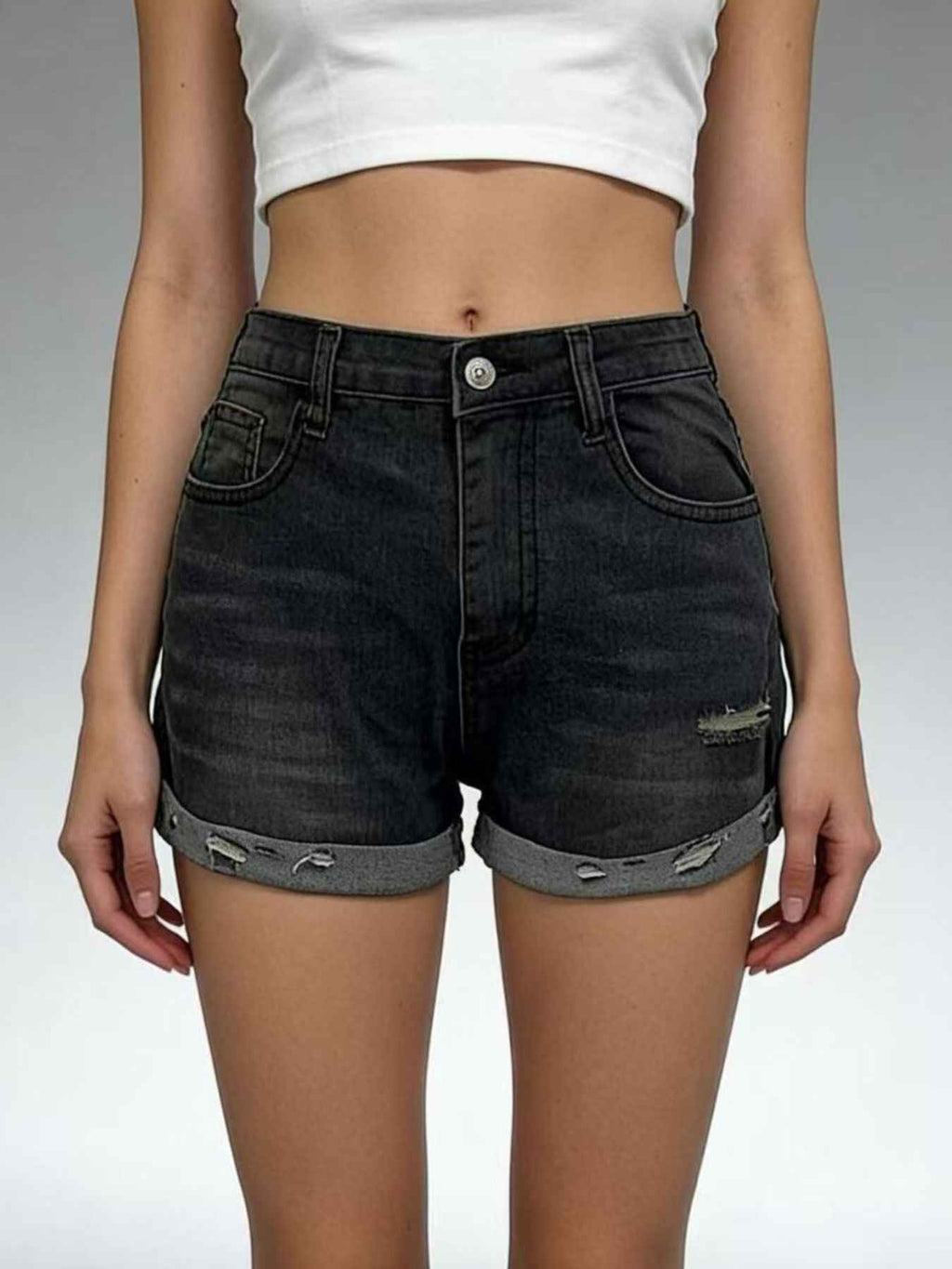 Distressed Denim Roll Up Shorts
