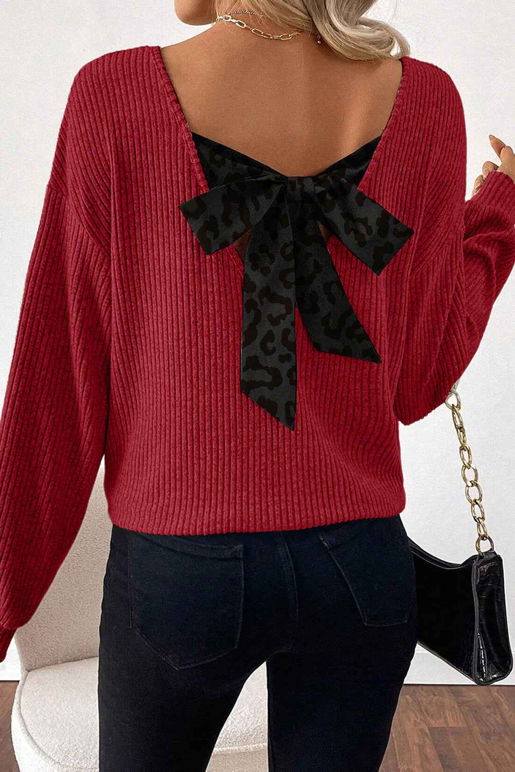 Racing Red Leopard Back Bow Ribbed Top