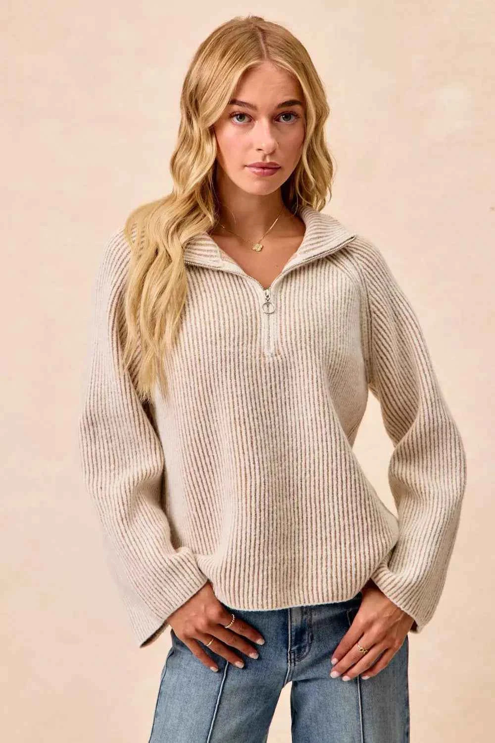 BiBi Two Tone Ribbed Textured Knit Sweater with Zip Up Collar