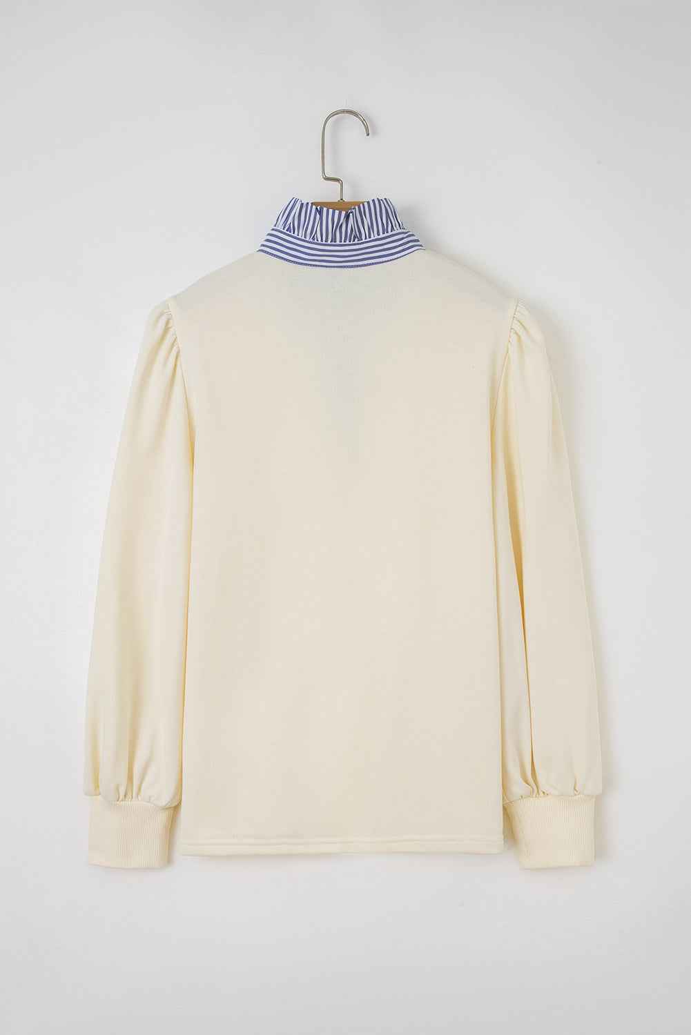 White Button Striped Collar Patchwork Puff Sleeve Sweatshirt