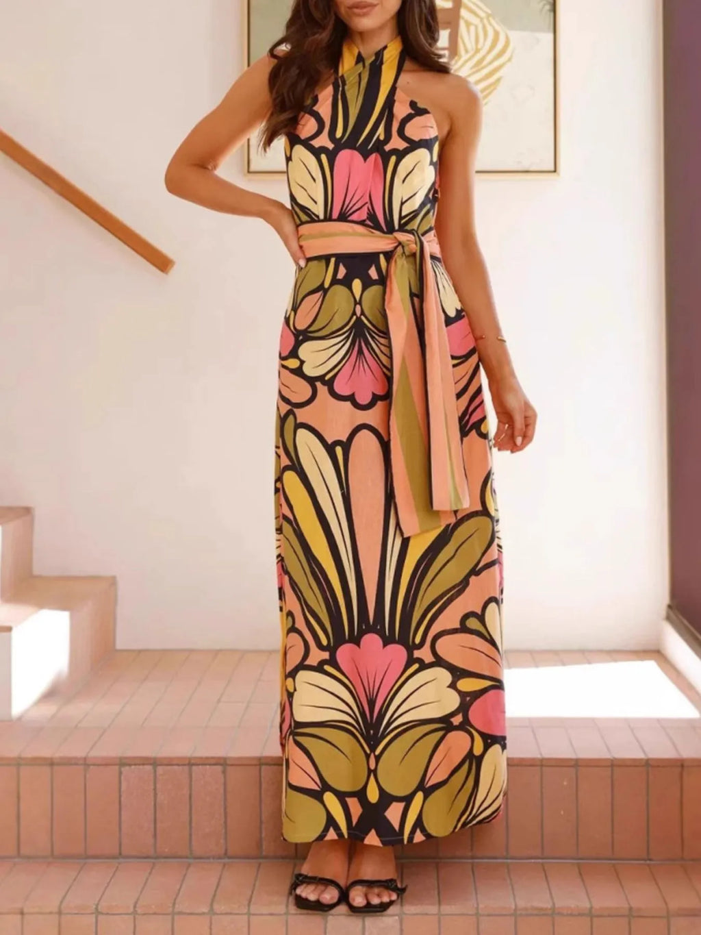 Printed Halter Neck Maxi Cami Dress by Shopiebay