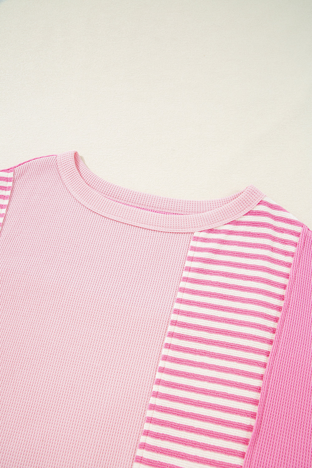Pink Stripe Waffle Patchwork Loose T-Shirt