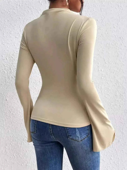 Bell Sleeve Fitted Ruched T Shirt with Mock Neck by Be Bliss Boutique