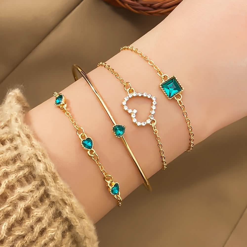 4pcs Rhinestone Alloy Bracelet Set – Minimalist Heart & Square Design by DailySale