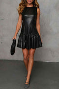 Black Faux Leather Ruffle Hem Sleeveless Mini Dress