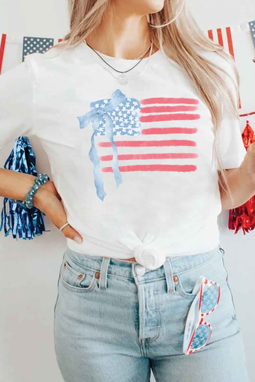 White American Flag Bow Knot Print Crew Neck T Shirt