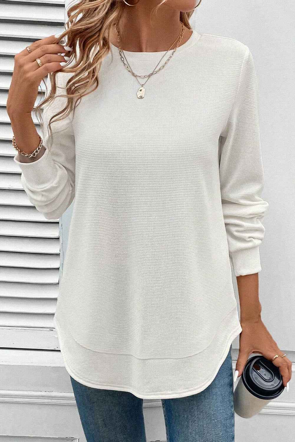 White Rounded Hem Waffle Plain Long Sleeve Top