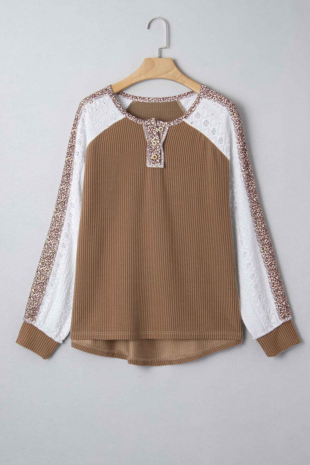Dark Khaki Twisted Ribbed Leopard Lace Contrast Patchwork Long Sleeve Top