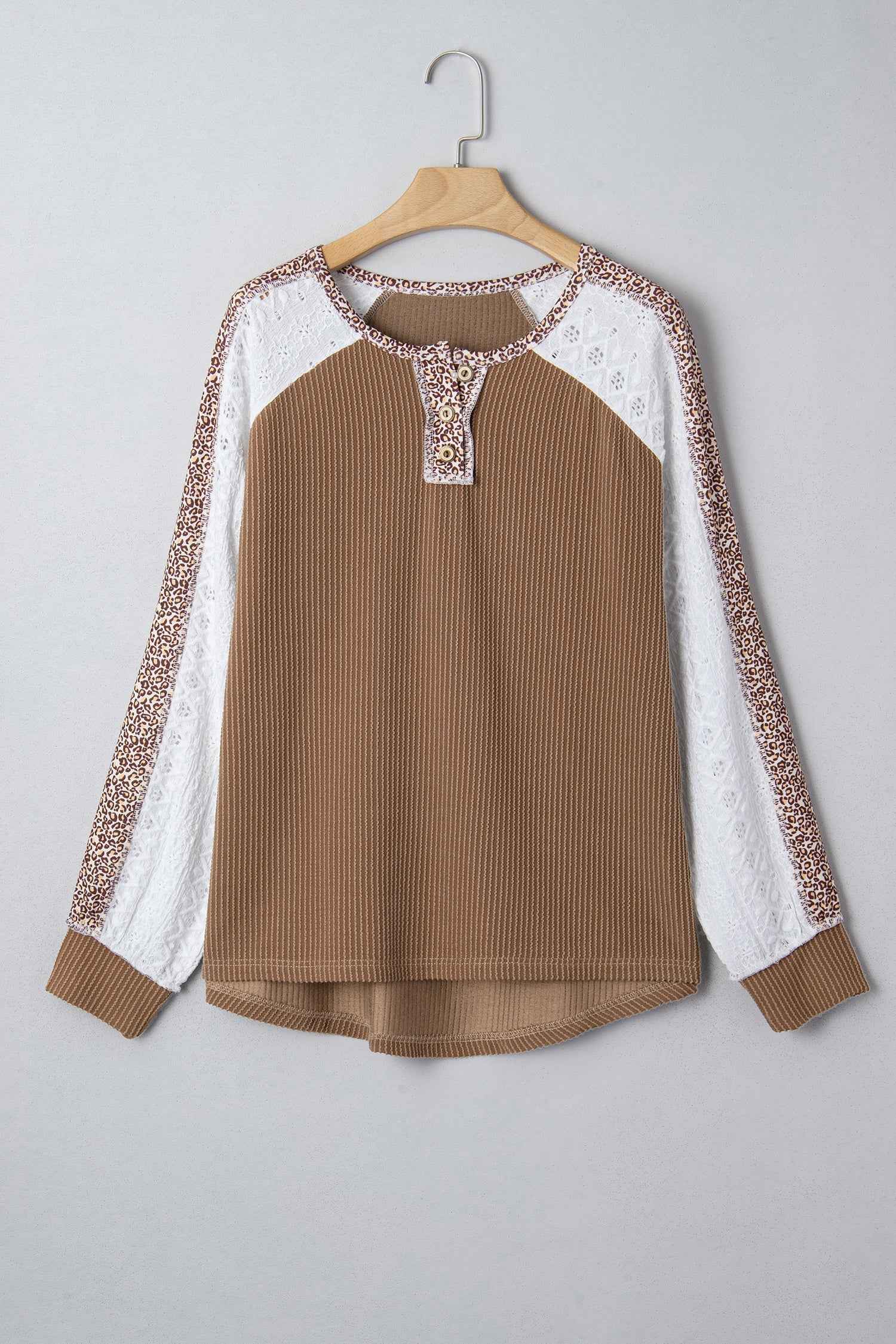 Dark Khaki Twisted Ribbed Leopard Lace Contrast Patchwork Long Sleeve Top