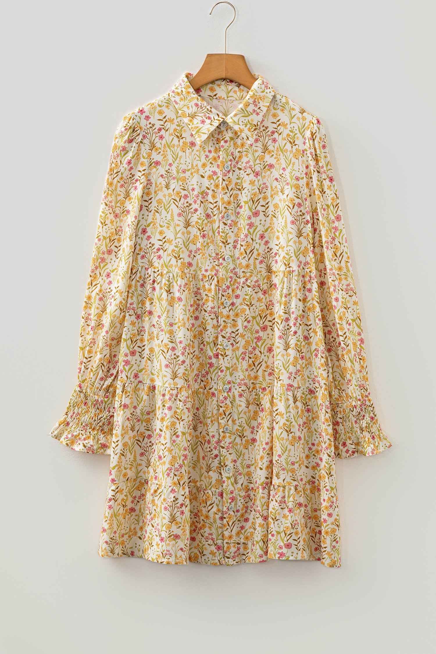 Yellow Floral Print Frilly Trim Smocked Cuff Long Sleeve Loose Shirt Dress