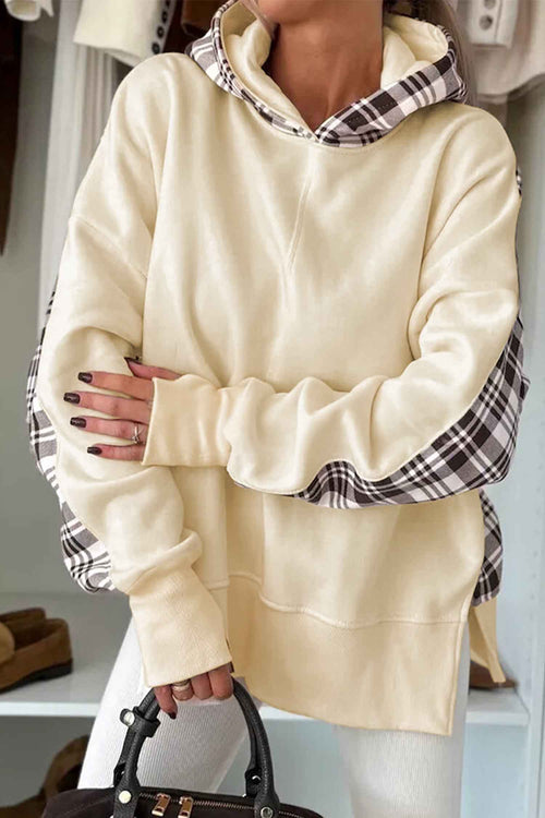Beige Plaid Patchwork Side Slit Sweatshirt by Wild and Free Boutique