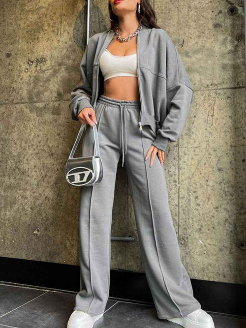 Baseball Collar Zip Up Top and Drawstring Paants Set by Wild and Free Boutique