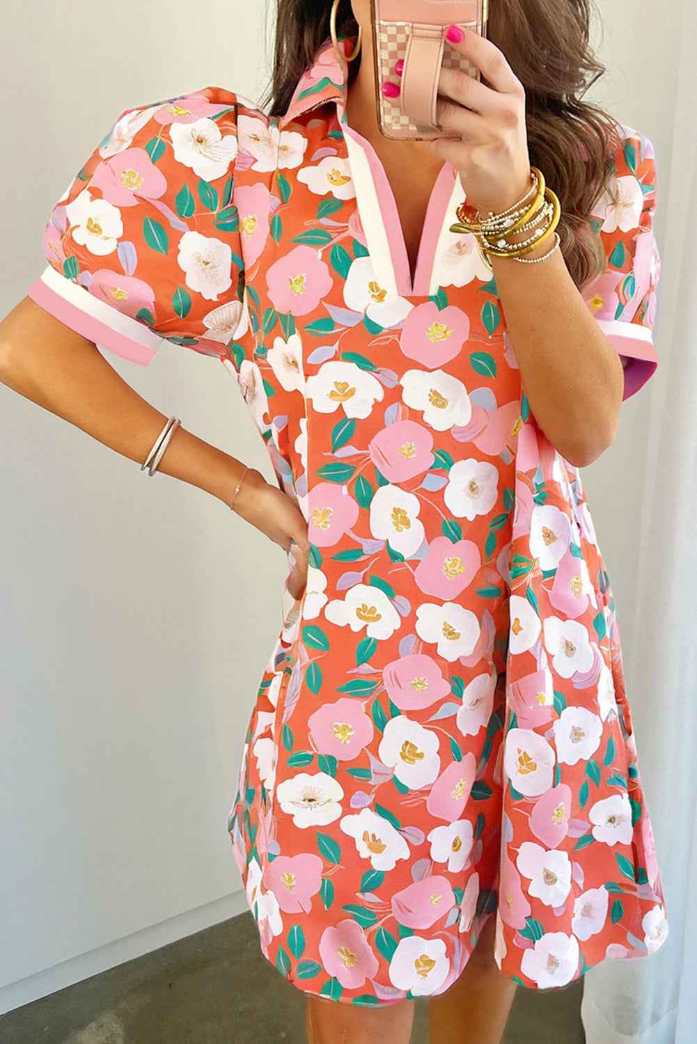 Fresh Salmon Floral Print Puff Sleeve Pop of Color Neckline Dress