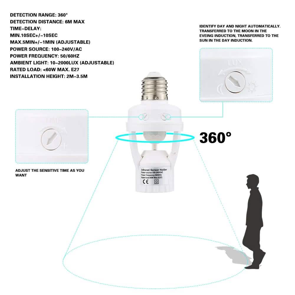 360 Degree Detection PIR Infrared Motion Sensor E27 LED Light by DailySale