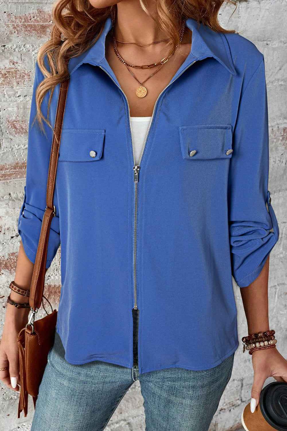 Dusk Blue Collar Tab Sleeve Zip Up Flap Detail Jacket