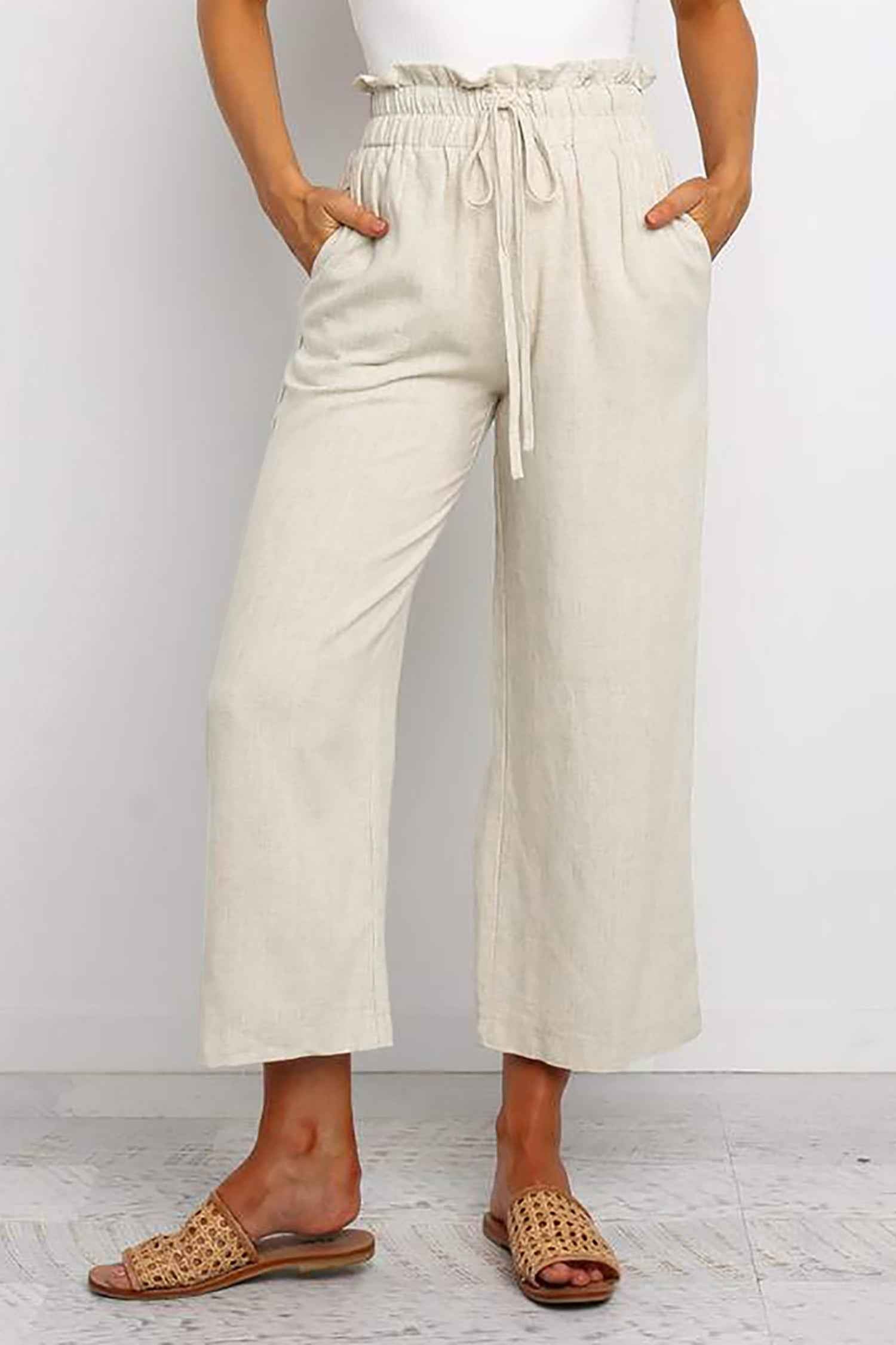 Khaki Paperbag Waist Straight Leg Cropped Pants
