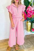 Pink Textured Ruffle Sleeve Zipped Top and Wide Leg Pants Set