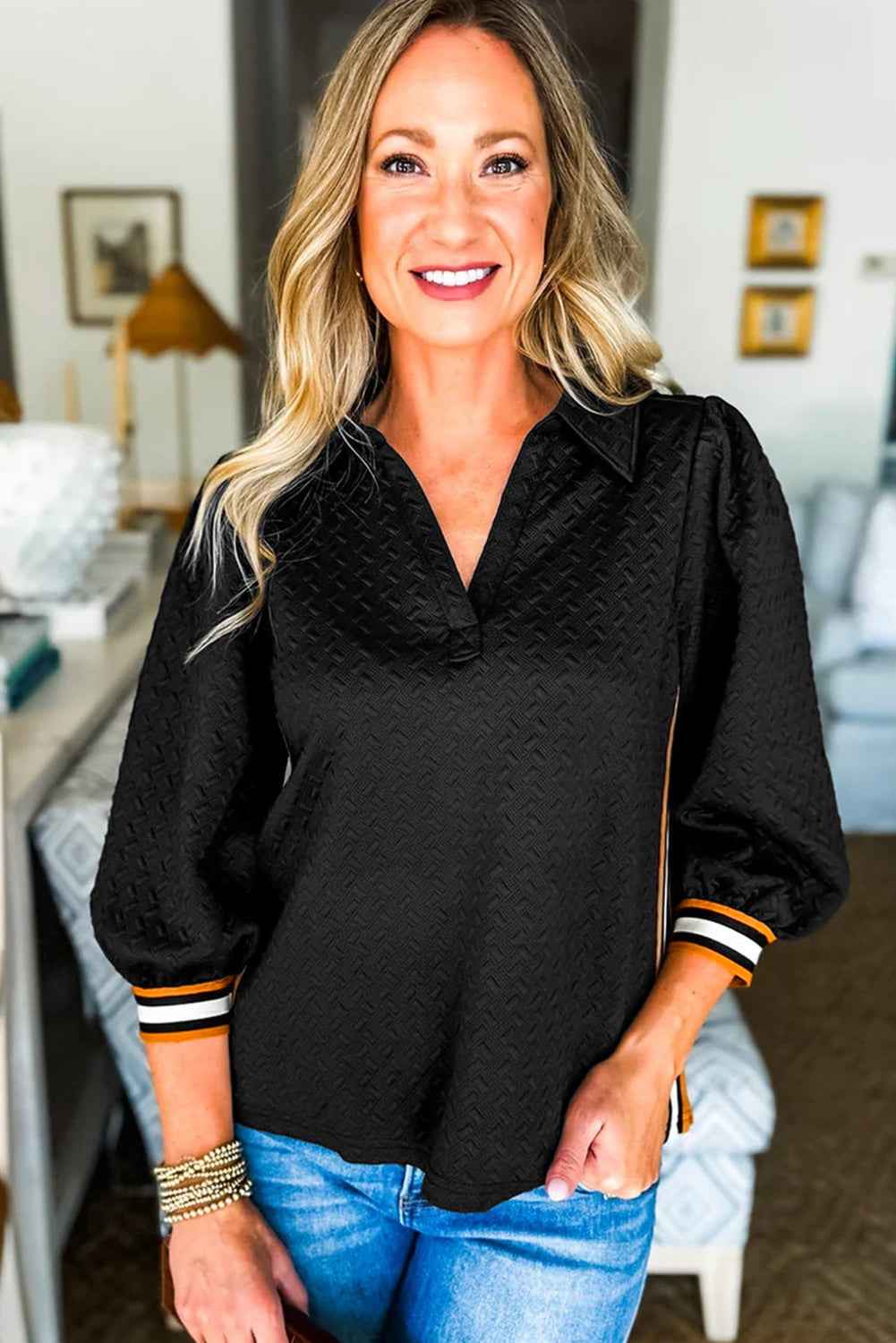 Black Stylish Textured Striped Patchwork Polo Collar Pullover Sweatshirt
