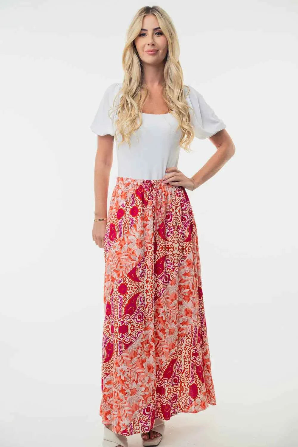 White Birch Full Size High Waisted Floral Woven Skirt