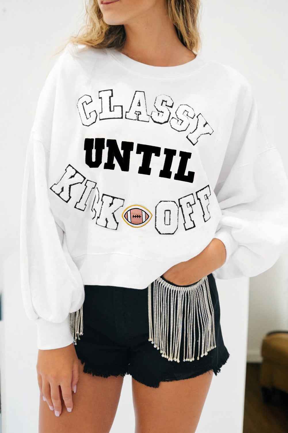 Navy Blue CLASSY UNTIL KICKOFF Plush Letter Patched Loose Sweatshirt