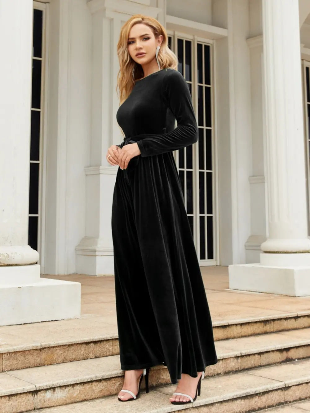 Tie Front Round Neck Long Sleeve Maxi Dress by Shopiebay