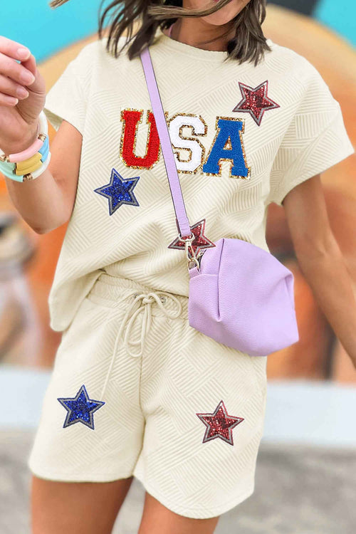 Apricot USA Star Patched Graphic Textured Short Set by Wild and Free Boutique