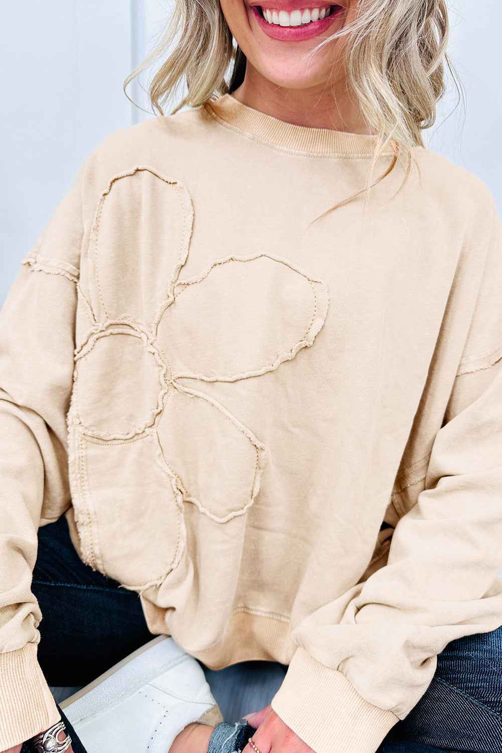 Beige Flower Pattern Round Neck Long Sleeve Plus Size Top