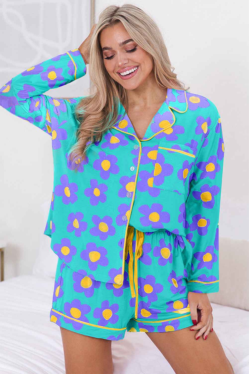 Pink Flower Print Long Sleeve Shirt Shorts Pajamas Set