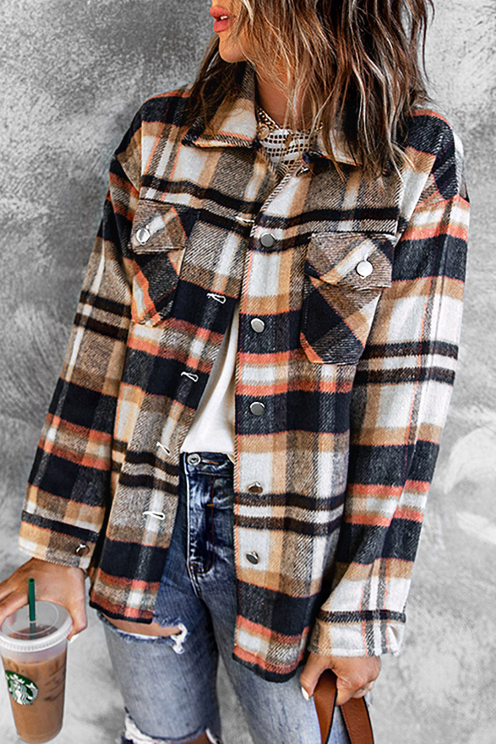 Green Geometric Plaid Print Pocketed Shacket
